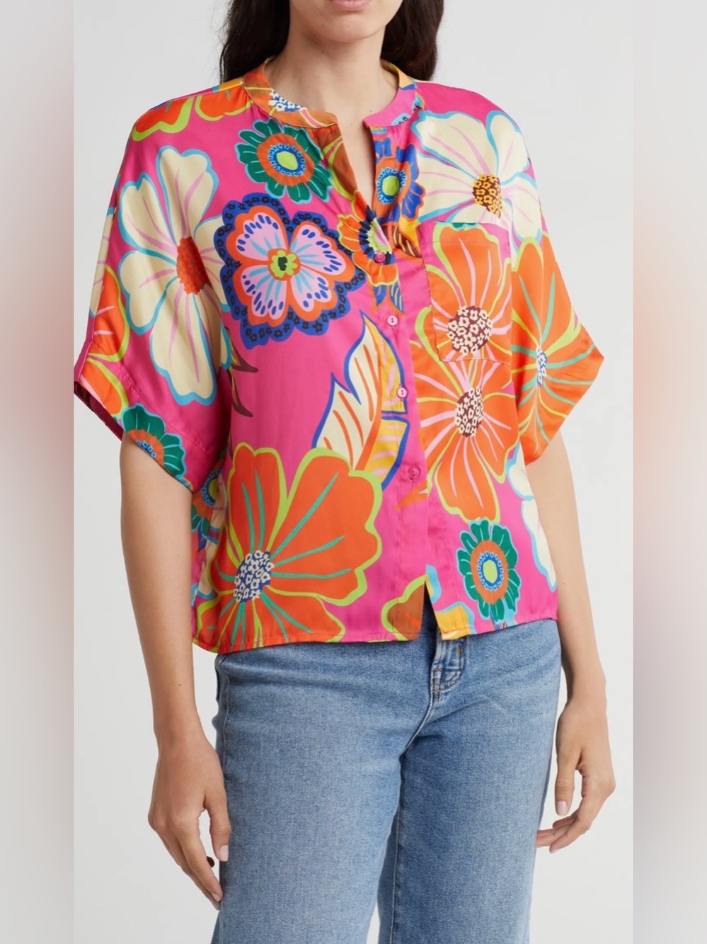 Industry Floral Blouse Pink Orange Kimono Sleeve Retro 70s Boho Small Petite
